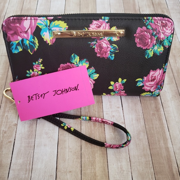 Handbags - NWT Betsey Johnson Black Floral Zip Around Wallet